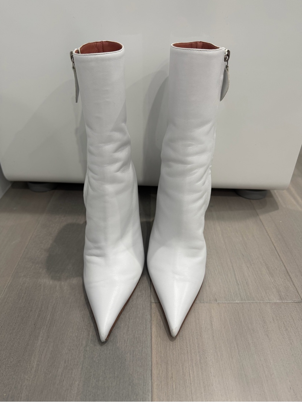 Amina Muaddi White Leather Wedge Ankle Boots